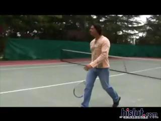 Horny blonde and redhead tennis students get fucked by the instructor on the tennis court